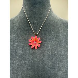 Pink /Red Flower Pendant On A Silver Tone Chain